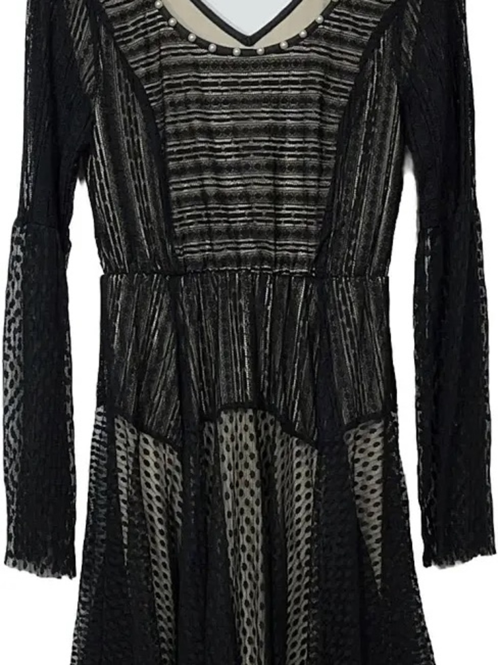RYU Black Lace Bell Sleeve V Neck Fit Flare Dress with Pearls Size Large